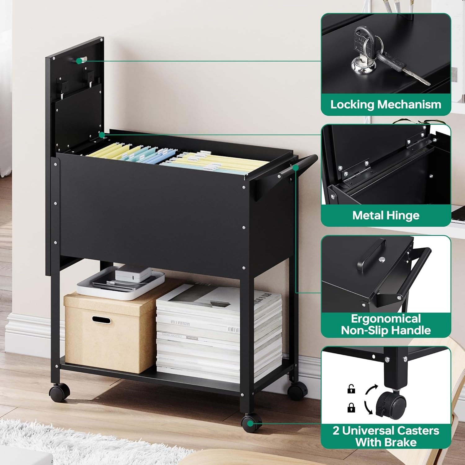 image:imageLetaya Mobile File Cabinet with LockRolling Filing Cart with WheelsHanging LetterA4F4Legal Size Movable PullOut File Folder for Home OfficeBlack